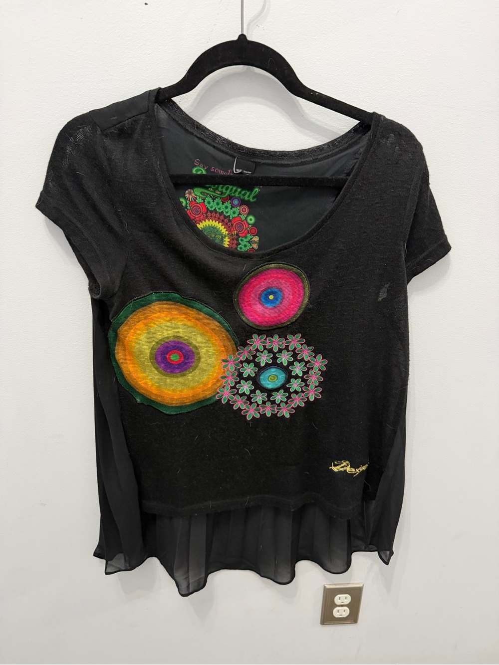 Desigual Black Short Sleeve Top with Multicolor Circular Floral Motifs